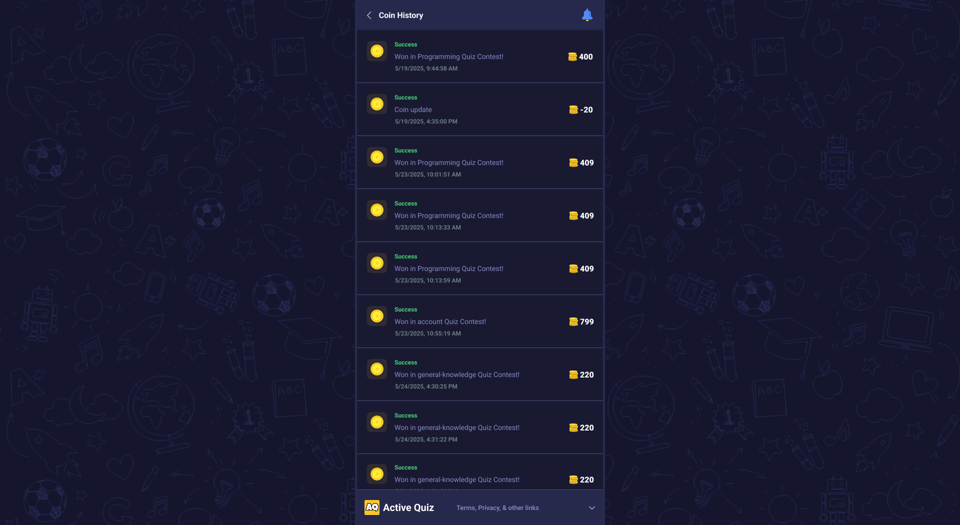 Coin History Screen - Active Quiz