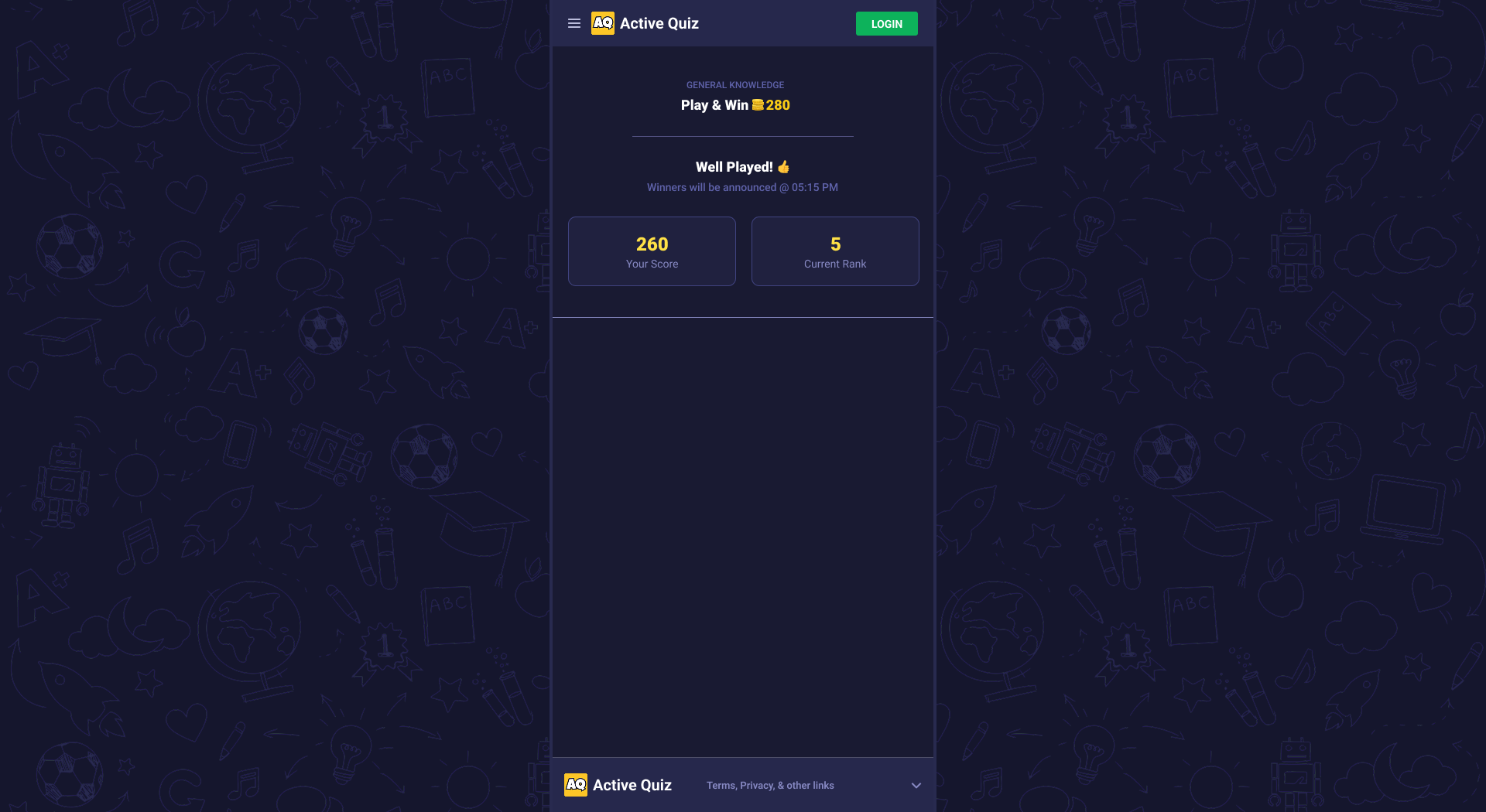 Quiz Completion Screen - Active Quiz 16
