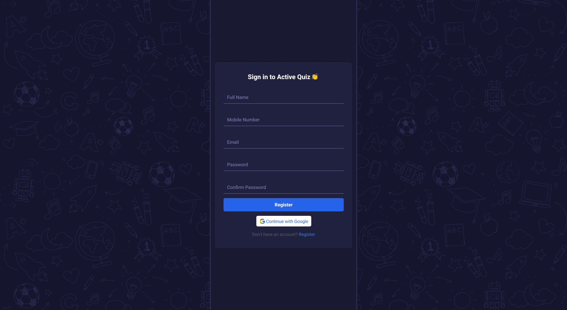 Register Screen - Active Quiz