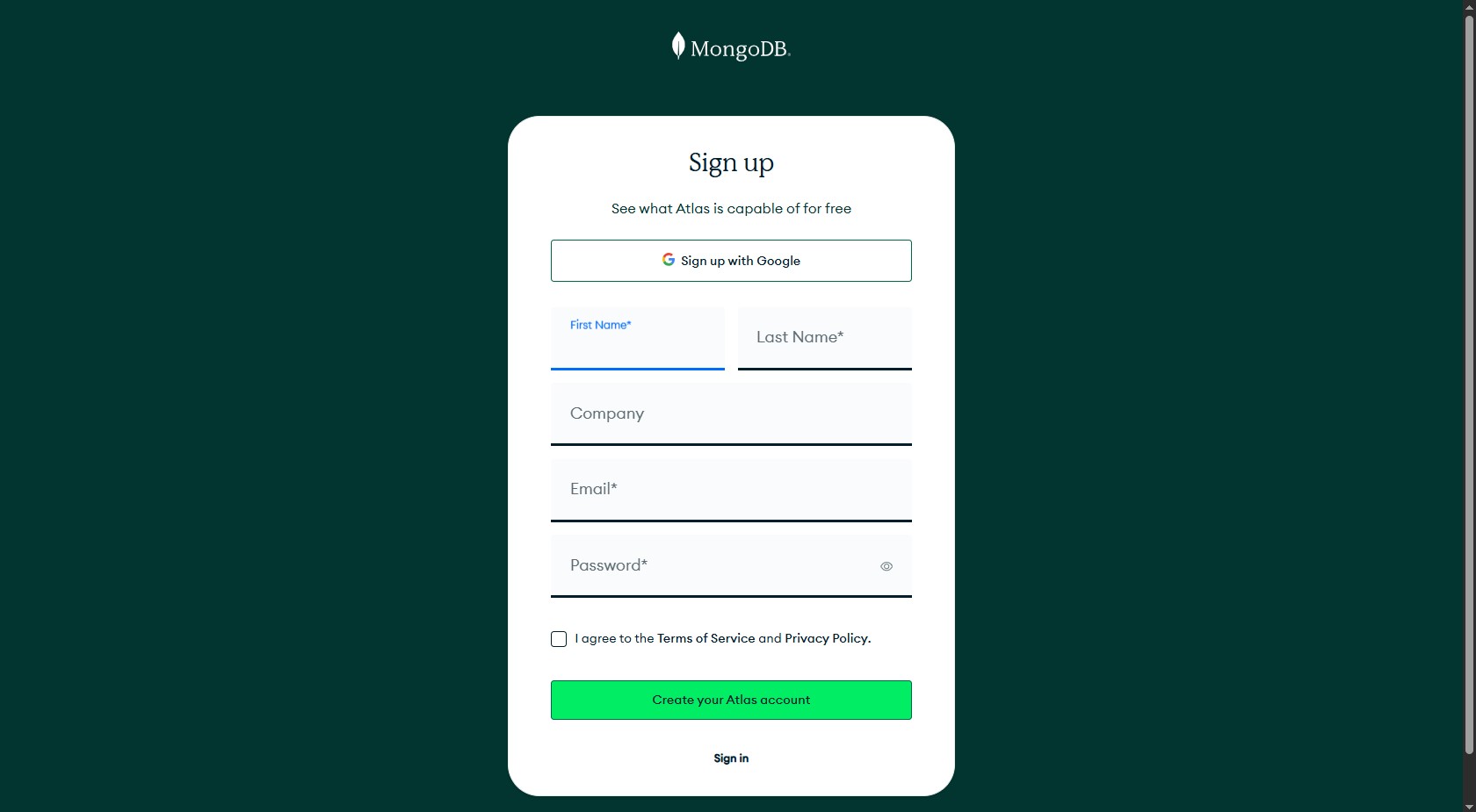 MongoDB Atlas Signup