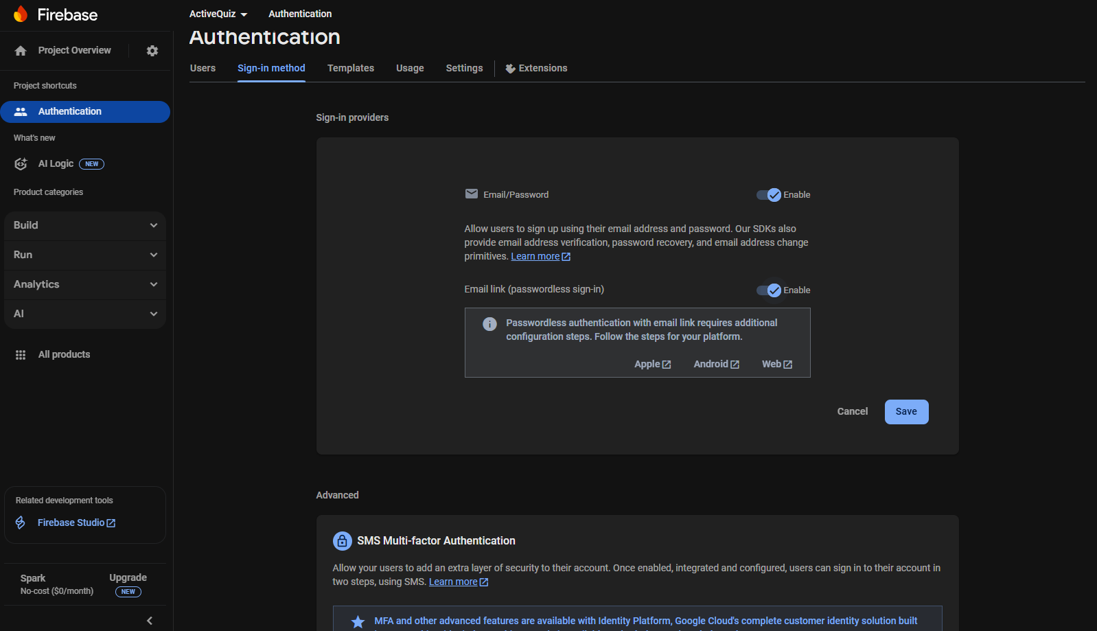 Enable Email/Password Auth